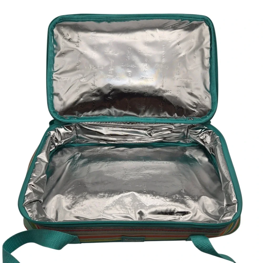 Thirty-One Perfect Party Set Teal Striped Insulated Expandable Picnic Carrier